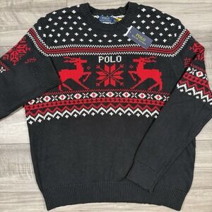 Polo Ralph Lauren Mens Reindeer Cotton-Cashmere Sweater Black Red SZ XL NEW $298